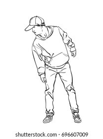 Sketch of man in cap, hoodie and jeans stands steadily on two legs and look to side leaning, Hand drawn Line art vector illustration isolated on white