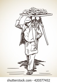 Sketch of Man carrying turkish street food bagels on his shoulder, Hand drawn illustration