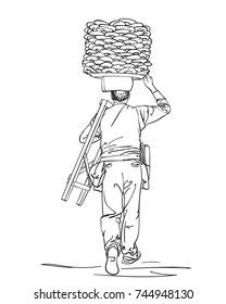 Sketch of man carrying turkish street food bagels on his head, View from back, Hand drawn illustration isolated on white background