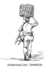 Sketch of man carrying turkish street food bagels on his head, View from back, Hand drawn illustration with hatched shades isolated on white background