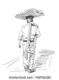 Sketch of man carrying turkish street food bread on his head, View from back, Hand drawn illustration with hatched shades isolated on white background