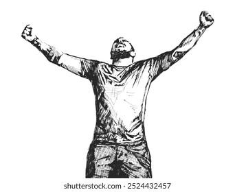 A sketch of a man celebrating victory, arms raised, head back, and a joyful expression.