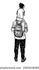 Sketch of man with child sitting on his shoulders, standing outdoors, back view, realistic hand drawn vector illustration isolated on white