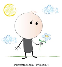 Sketch of a man with a comma instead of eyes, which is carefully holding flower stands against the backdrop of the Sun and clouds. 