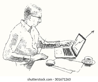 Sketch of man with computer, doing office work, hand drawn vector illustration.