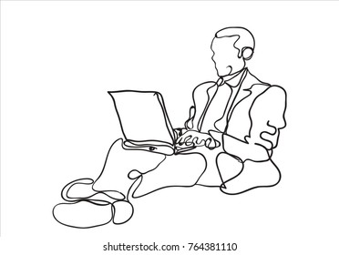 Sketch of man with computer. Hand drawn illustration. 