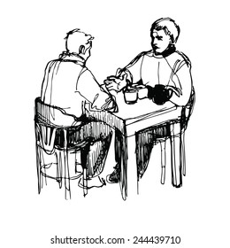 a sketch of a man conversing over dinner at a table in a restaurant