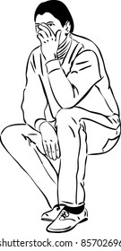 sketch of a man covering his face with his hand