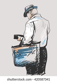 Esbozo del hombre vestido con ropa y sombrero elegantes, ilustración dibujada por la mano