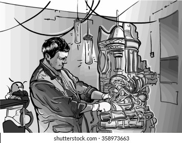 sketch of man and generator. mechanic.