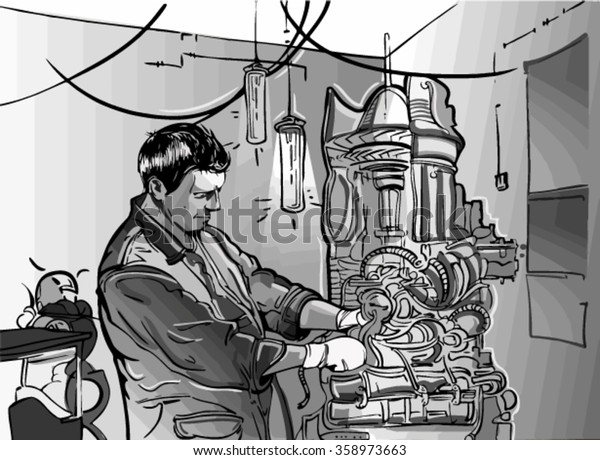 sketch of man and\
generator. mechanic.
