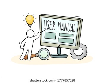 Esbozar al hombre con el concepto de guía. Escena de dibujos animados Doodle sobre información de la computadora. Ilustración vectorial dibujada a mano para el diseño educativo aislado en blanco.