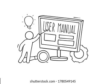 Sketch Mann mit Führer Konzept. Doodle Cartoon-Szene über Computerinformationen. Handgezeichnete Vektorgrafik für Bildungsdesign einzeln auf Weiß.