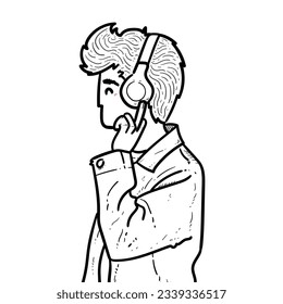 Sketch Man or guy or boy hearing music by headset on white Background vector modern illustration