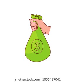 sketch man hand holding green bag with dollar sign icon. Bag with money financial banking, investment savings loan and debt symbol. Salary, payment finance success illustration