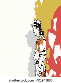 
sketch of a man with  hat on his head standing against the wall  colored spots   hands in  trouser pockets