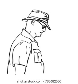 Sketch of man in hat and sunglasses, Hand drawn linear illustration vector