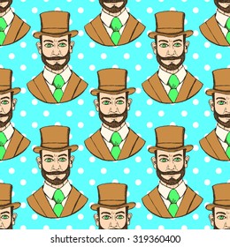 Sketch man in hat, vintage style, vector seamless pattern