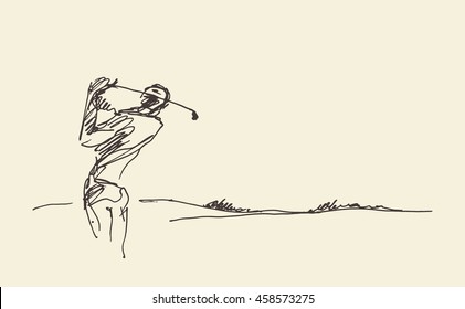 Sketch of a man hitting golf ball. Vector illustration