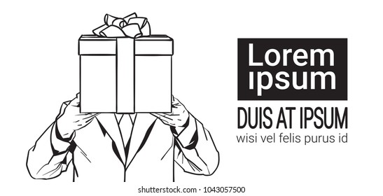 Sketch Man Hold Present Box Isolated On White Background With Copy Space Vector Illustration