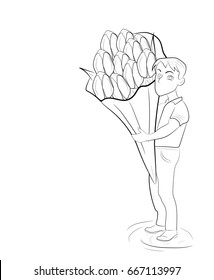 A sketch of a man holding a large bouquet of flowers. vector illustration.