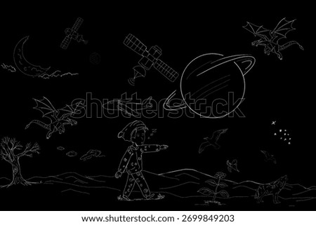 sketch of a man imagining himself in a dream with a dark background
