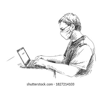 Sketch Of Man In Medical Face Mask Working With Computer. Hand Drawn Illustration Black And White. Work From Home At Covid-19 Epidemic Time