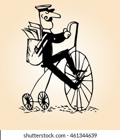 sketch of a man with a mustache postman riding a large tricycle retro bike