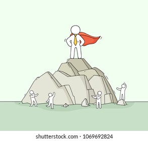 Sketch of man on mountain top. Doodle cute scene about leadership. Hand drawn cartoon vector illustration for business design.