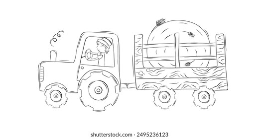 Sketch man on tractor on a trailer transport large bale of hay. Harvesting. Simple vector illustration in doodle style