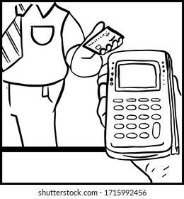 Sketch of a man paying with a credit card in a store. Outline vector illustration in doodle style