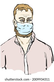 Sketch A Man In A Pink Shirt, Which Has A Redhead Beard Not Fit Under A Medical Mask 