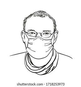 Sketch of man portrait in medical face mask and eyeglasses, Vector hand drawn illustration