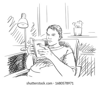 Sketch of man reading book in comfortable home atmosphere, Hand drawn vector illustration with hatched shades
