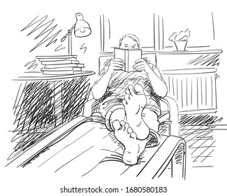 Sketch of man reading book in comfortable relaxing home atmosphere, Hand drawn vector illustration with hatched shades