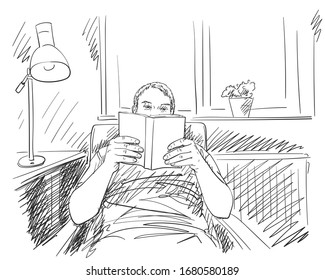 Sketch of man reading book in comfortable relaxing home atmosphere, Hand drawn vector illustration with hatched shades