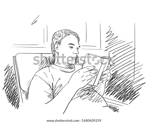 Sketch Man Reading Book Hand Drawn Stock Vector Royalty Free 1680609259