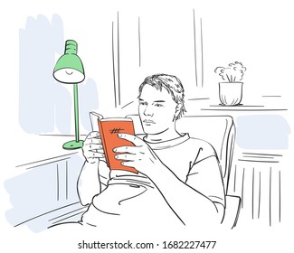 Sketch of man reading book and sitting in comfortable home atmosphere with desk lamp, Hand drawn vector illustration