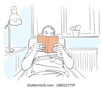 Sketch of man reading book and sitting in comfortable relaxing home atmosphere, Hand drawn vector illustration
