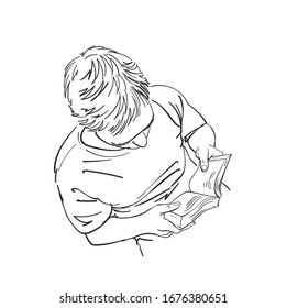 Esbozo de la vista del libro de lectura del hombre desde arriba, ilustración lineal vectorial dibujada a mano