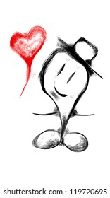 Sketch man with red heart as symbol of his love
