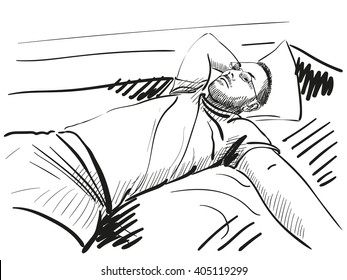Sketch man resting bed  Hand drawn illustration