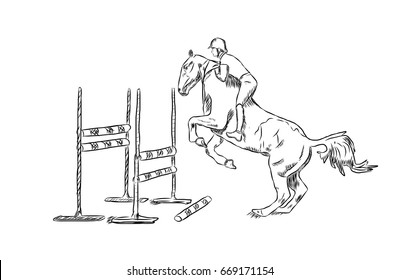 Sketch of Man rider on bay horse jumping in vector.