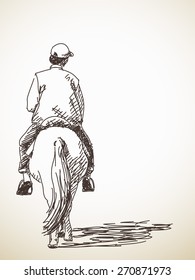 Sketch of man riding a horse back view Hand drawn vector illustration