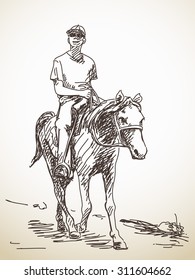 Sketch of man riding a horse Hand drawn vector illustration