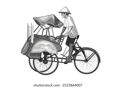 Esboço de um homem cavalgando triciclo becak yogyakarta vetor ilustração inimigo fundo design.