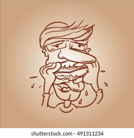 sketch of man with sandwich. Man eats sandwich.