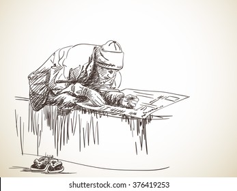 Sketch of man seating in lotus posture reading newspaper, Hand drawn illustration