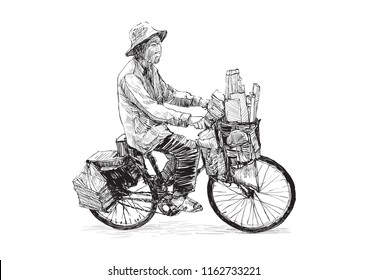 Sketch of a man seller riding bicycle on street in Ho Chi Minh city, Vietnam