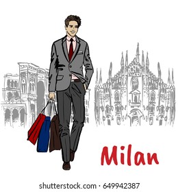 Sketch of man with shopping bags near Milan Cathedral, Duomo di Milano, piazza del Duomo in Milan, Italy